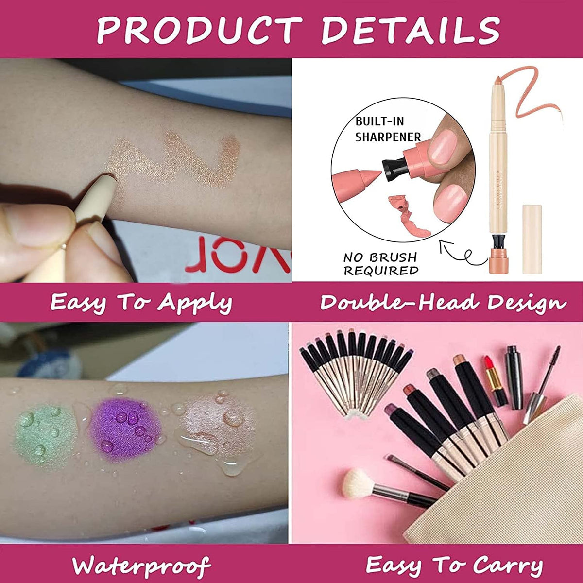 Pink Matte Eyeshadow Pencil, Waterproof Long Lasting Eye Shadow, High Pigment Hypoallergenic
