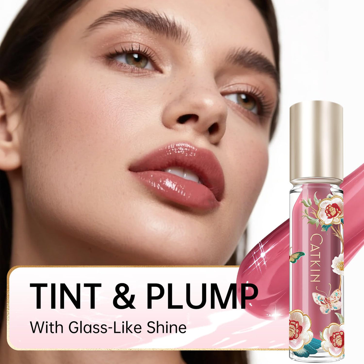 CATKIN Lip Plumper Gloss, Tinted Lip Serum with Hyaluronic Acid & Jojoba Oil, Non-sticky Volumizing