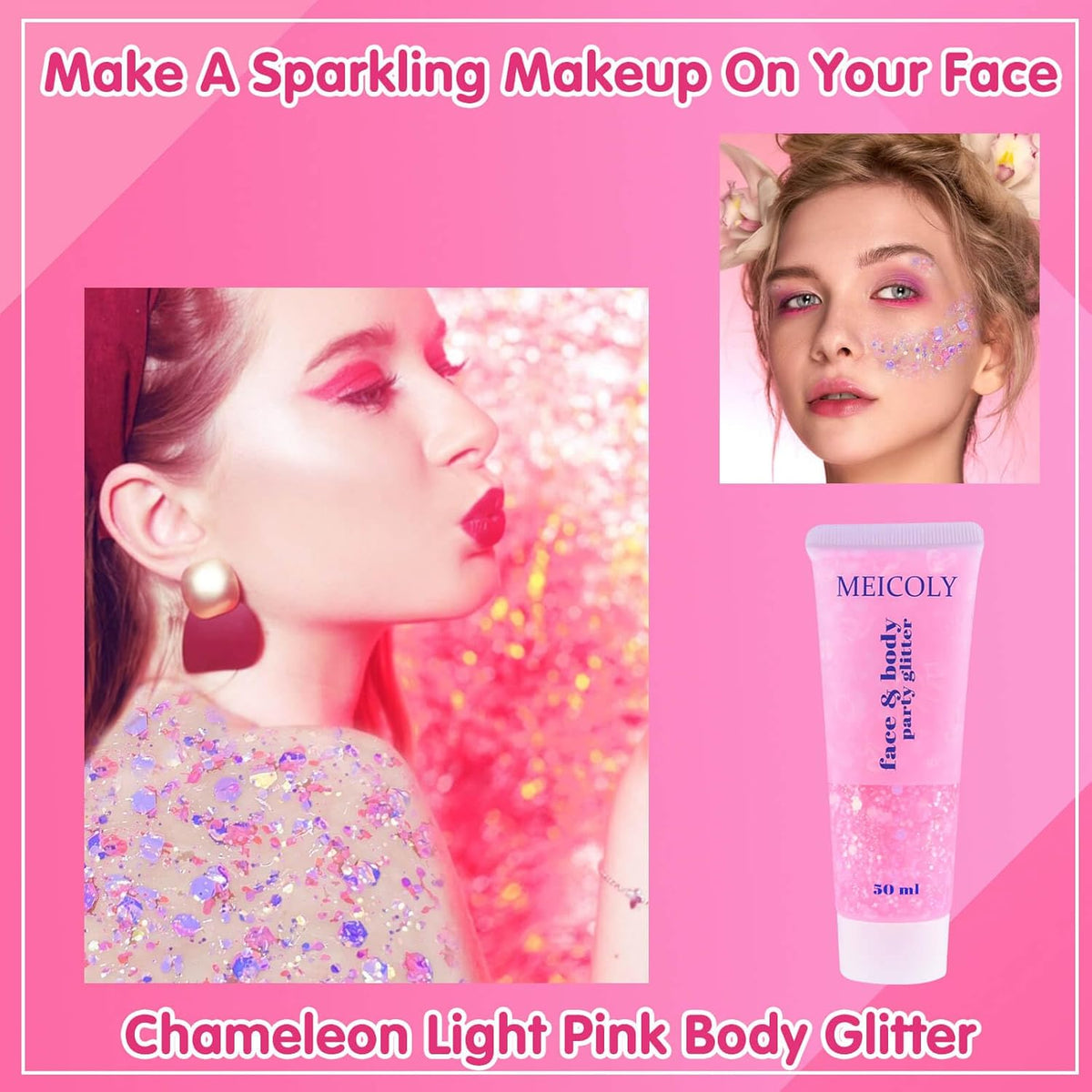 MEICOLY Chameleon Light Pink Body Glitter,Chunky Face Glitter for Halloween,Color Changing Mermaid
