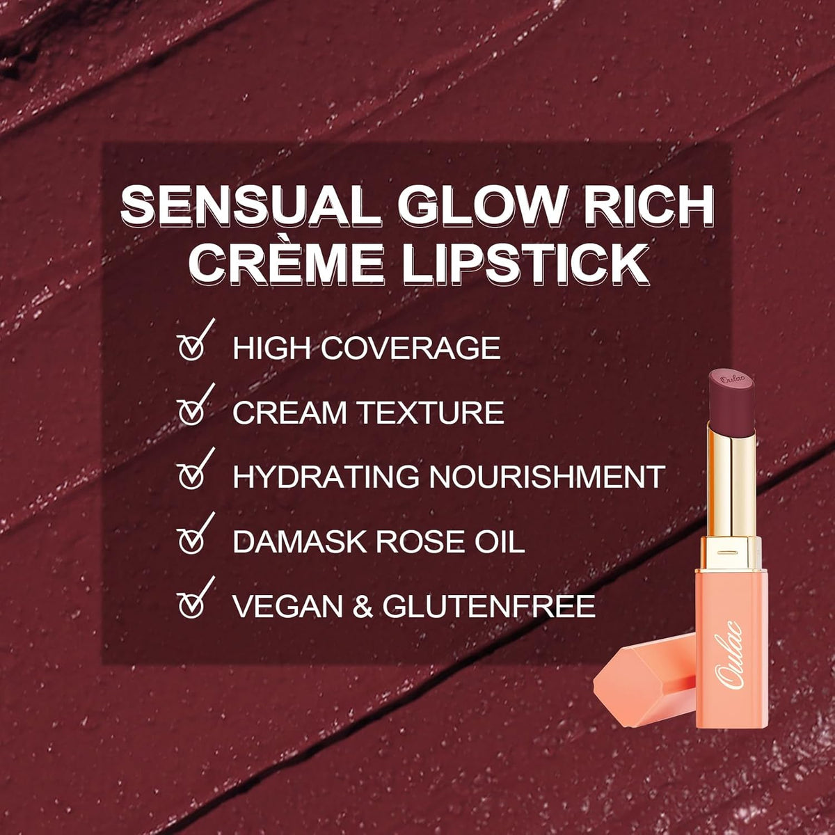 Oulac Color Rich Satin Lipstick - Burgundy Red Full Coverage Lip Color, Creamy Silky-Smooth