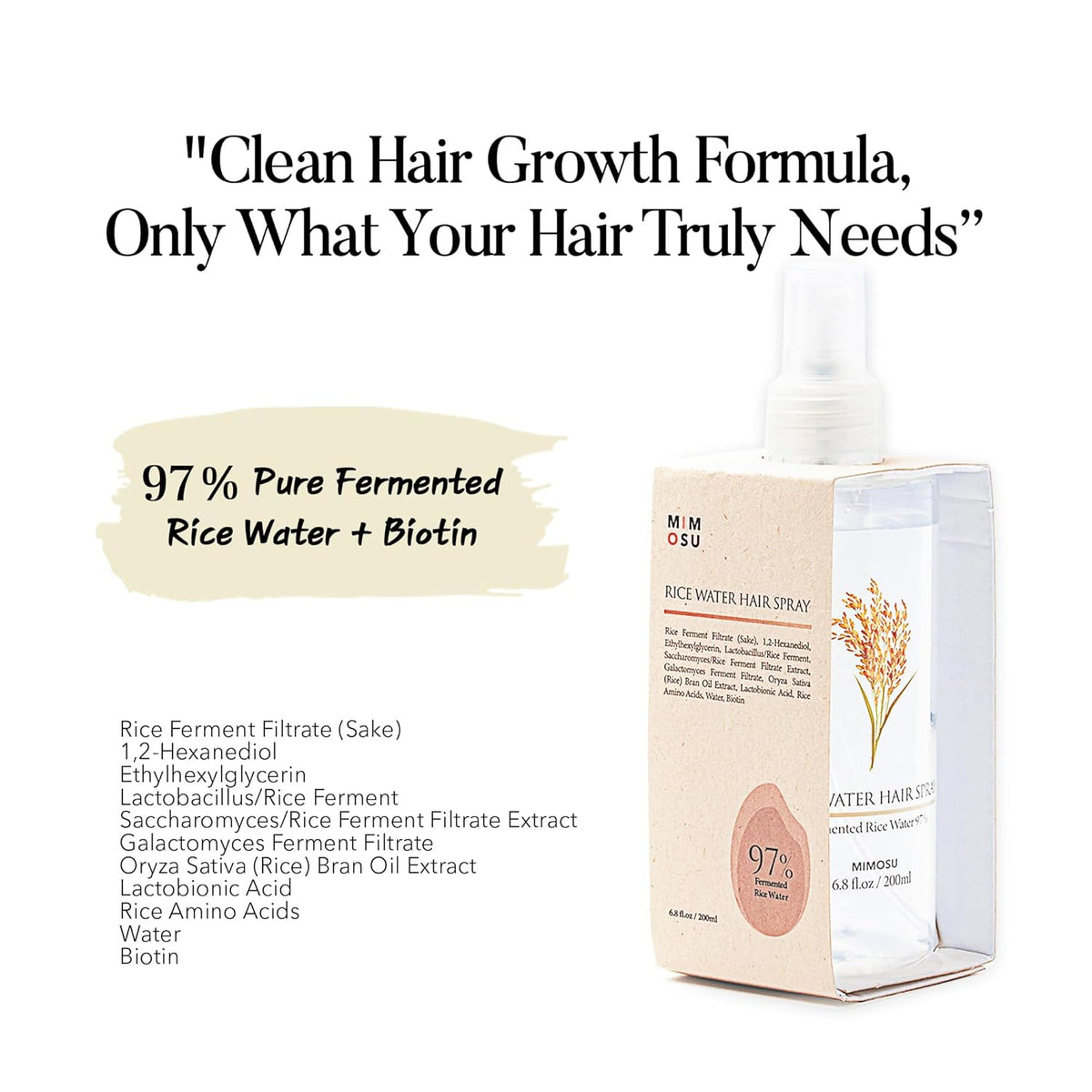mimosu 97% Rice Water Hair Growth Spray - Fermented Rice Water & Biotin Serum, PHA Toner, Korean