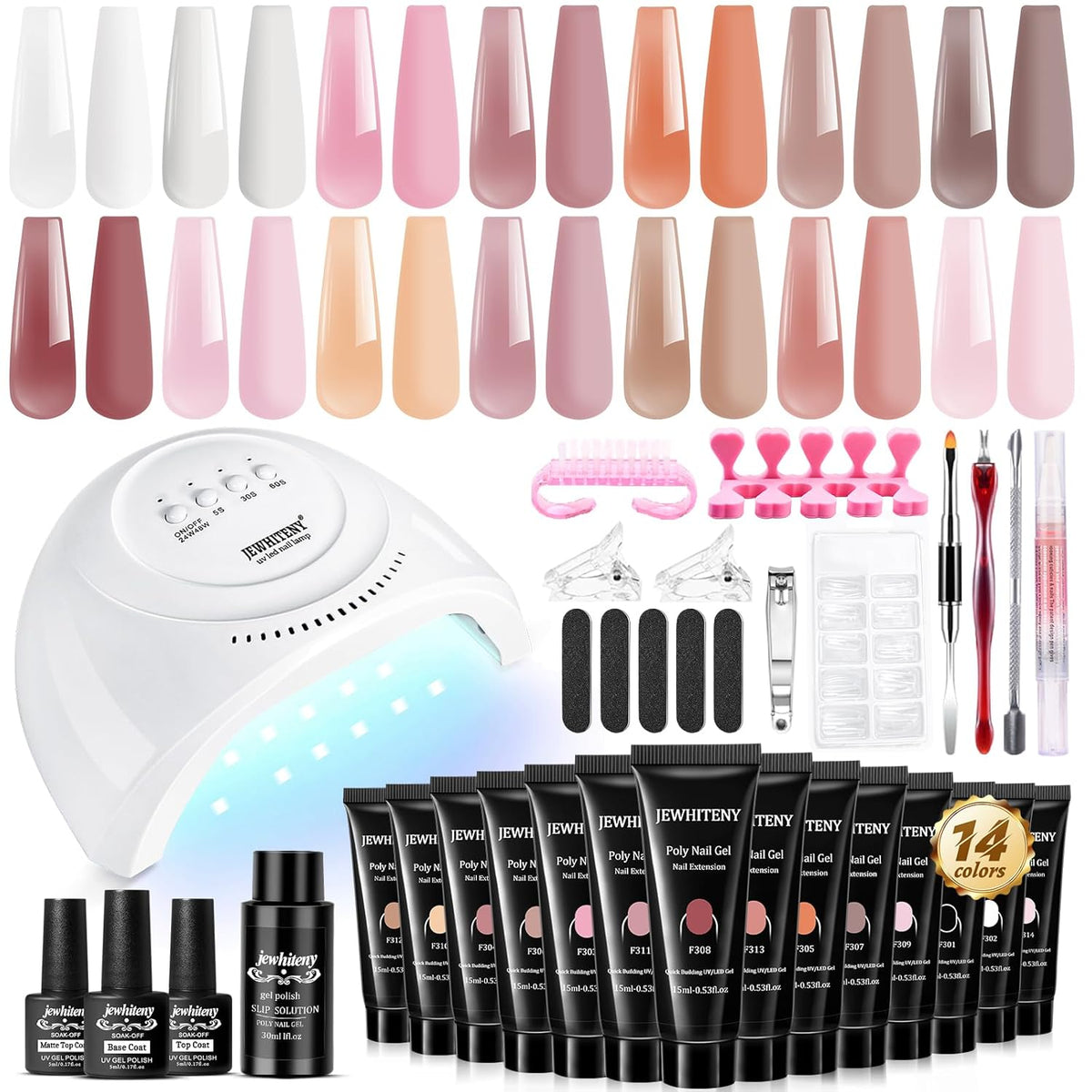 JEWHITENY 14 Colors Poly Extension Gel Nail Kit With U V Lamp Nude Pink White Brown All In One Poly