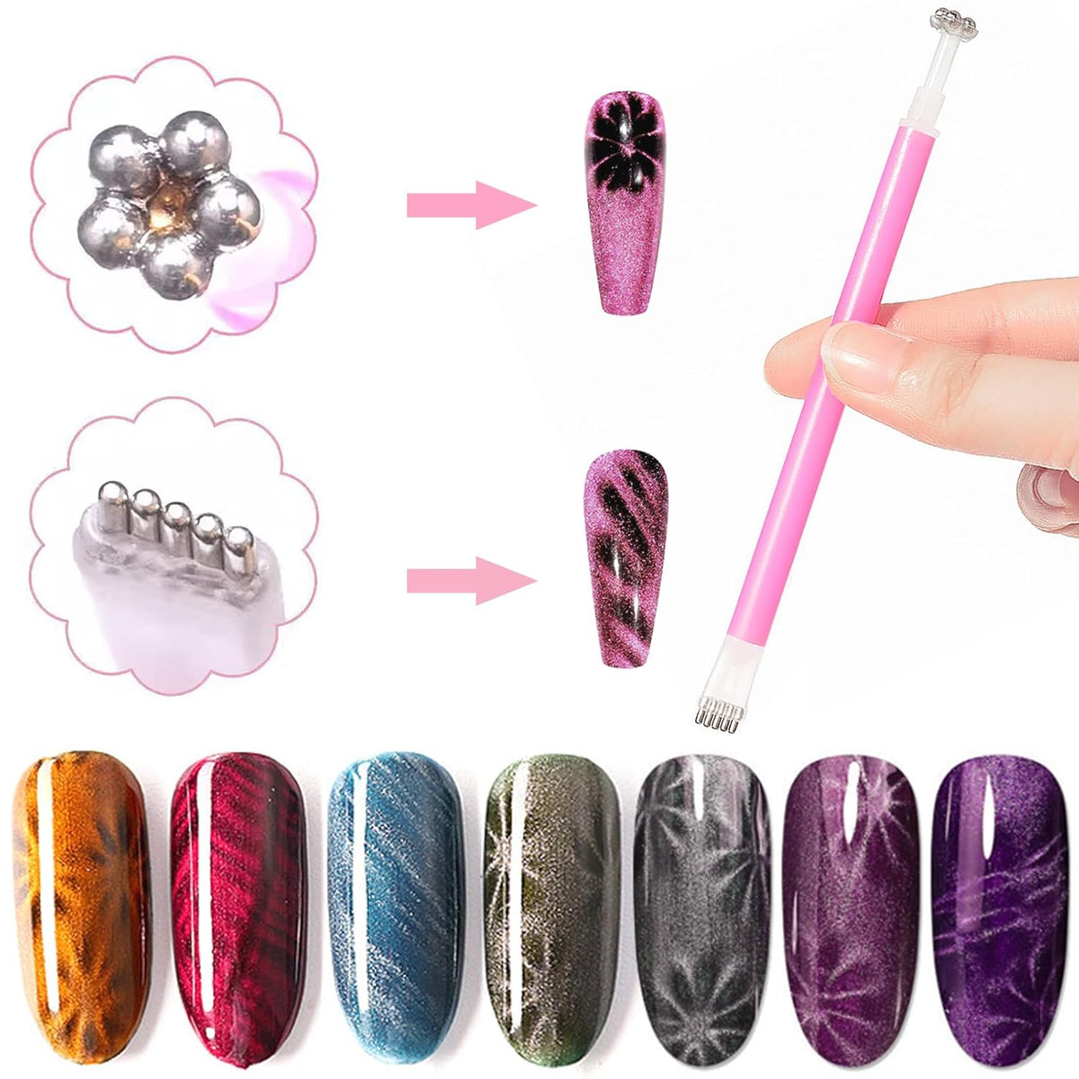 13pcs Pink Cateye Magnet for Nails Double-Ended Hexagon Nail Magnet Stick Flower Cat Eye Magnetic