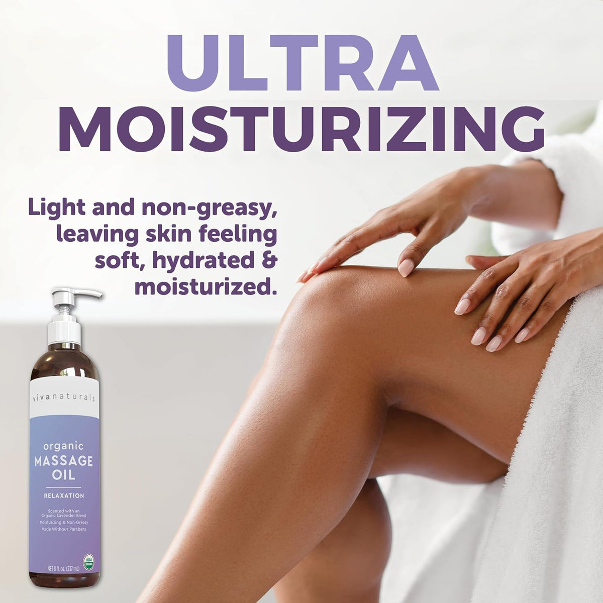 Viva Naturals Organic Massage Oil (8 fl. oz.) - Lavender Scented Non-Greasy Body Massage Oil with