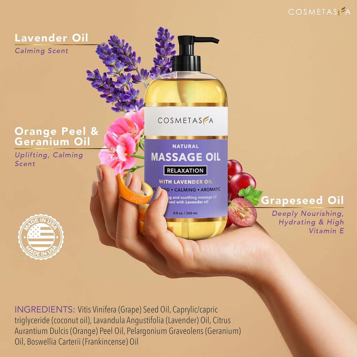 Cosmetasa Body Massage Oil for Massage Therapy Kit - Arnica Sore Muscle Massage Oil, Cellulite