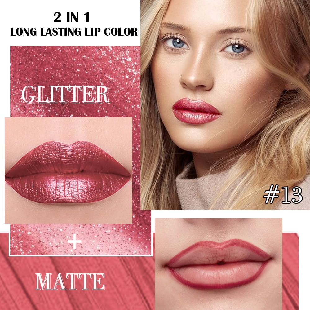 evpct Mauve Red Metallic Glitter Lip Liner and Lipstick Combo Lip Gloss Stain Set Makeup for Women