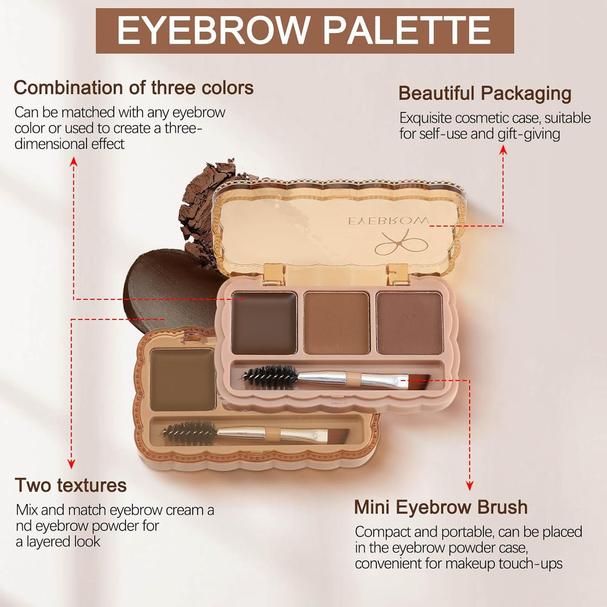 Boobeen Eyebrow Palette, 4 Colors Brow Powder Kit, Eye Brow Pomade with Double-ended Brush