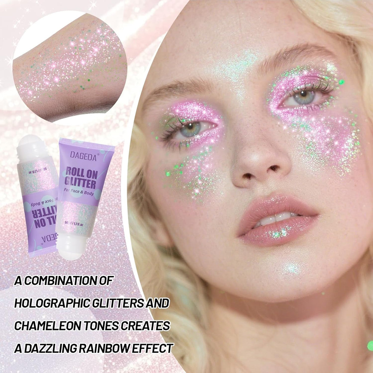 DAGEDAl Roll-on Body Glitter,Holographic Eye Face Hair Glitter Gel for Festival Outfit Mermaid