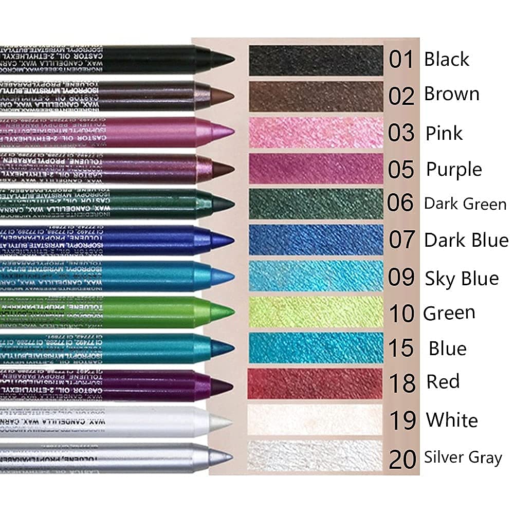 evpct 12Pcs Green Blue White Black Brown Purple Color Gel Glitter Eyeliner Pencils Set for Women