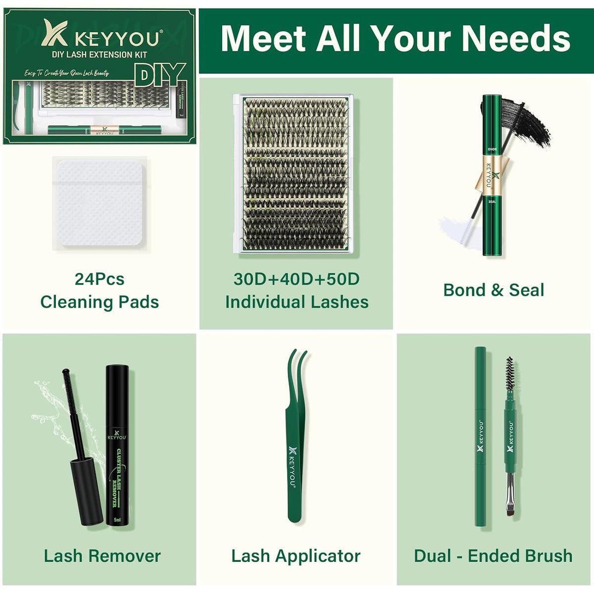 KEYYOU Lash Extension Kit DIY 300Pcs Lash Clusters Eyelash Extension Kit Lash Clusters Kit with