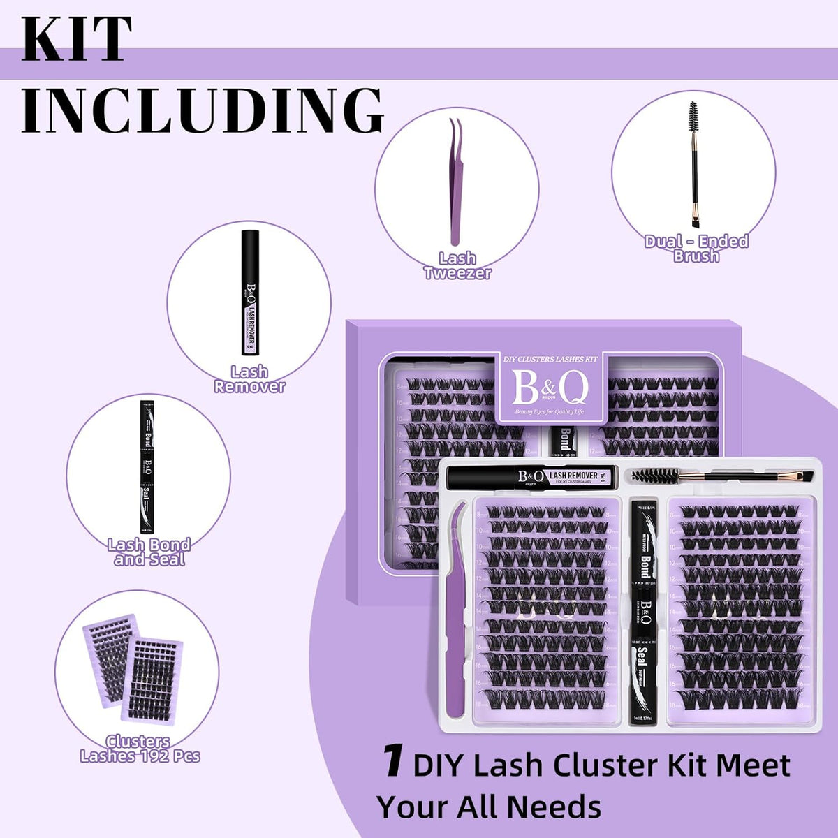 B&Qaugen Lash Extension Kit 192 PCS Eyelash Extension Kit D Curl Lash Clusters Kit Wispy Individual