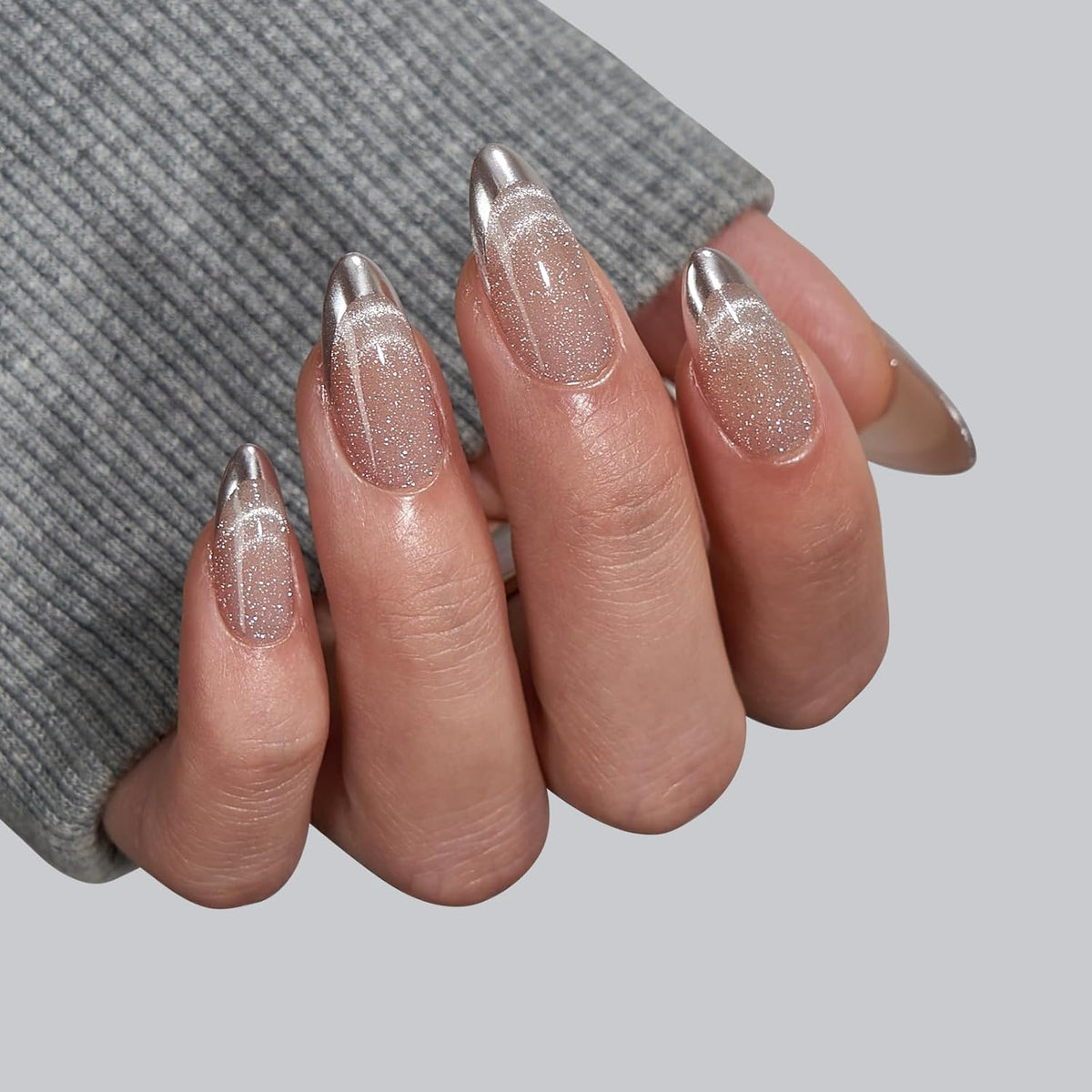 BTArtbox Almond Press On Nails Medium - Lamp-Curable Metallic French Tip Cat Eye Press On Nails