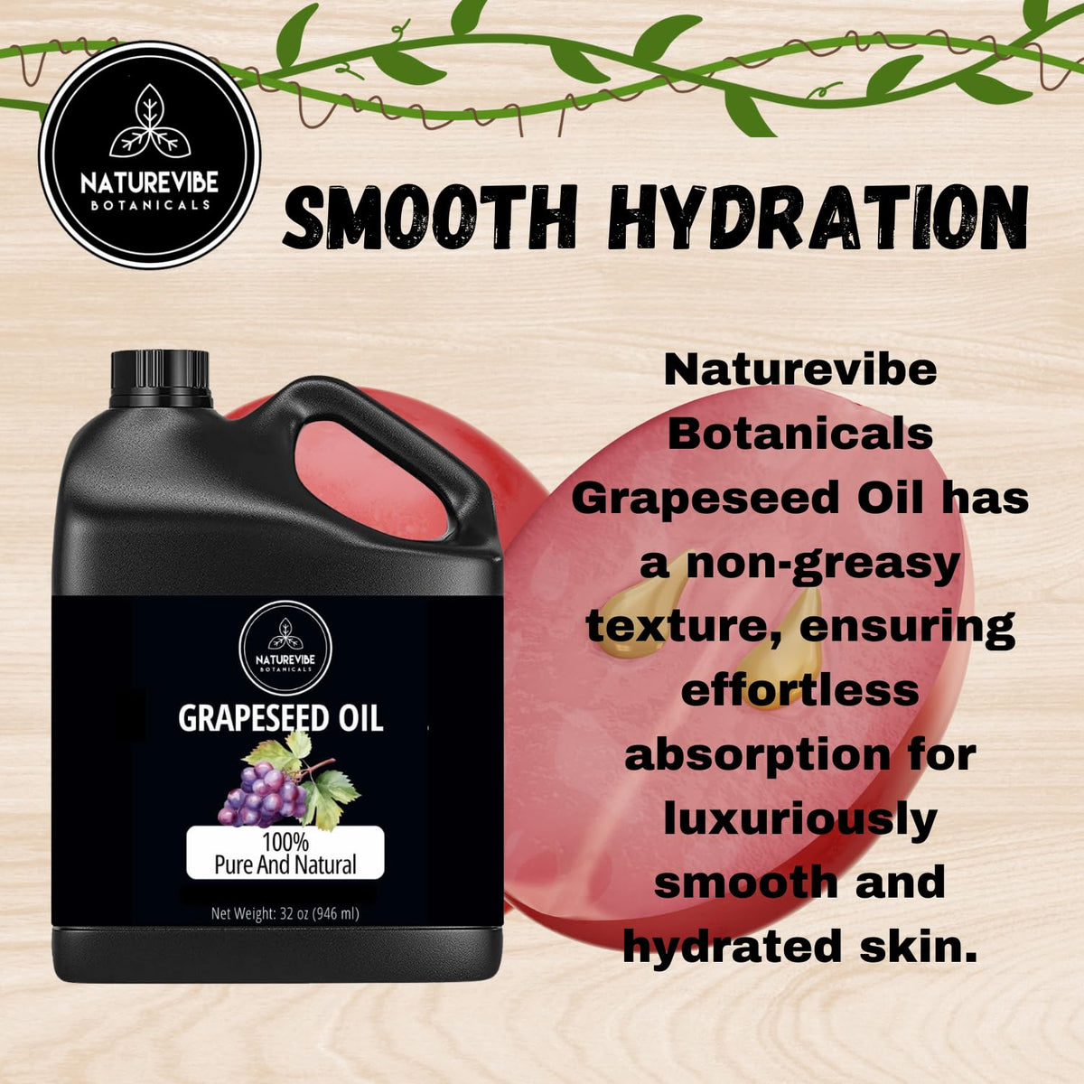 Naturevibe Botanicals Grapeseed Oil 32oz | 100% Pure Cold-Pressed & Lightweight Carrier Oil |