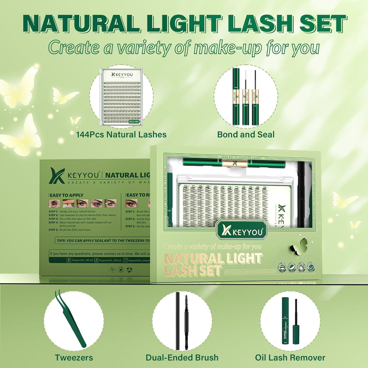 KEYYOU Natural Lash Clusters Kit 144Pcs DIY Lash Extension Kit Wispy Eyelash Extensions Kit D Curl