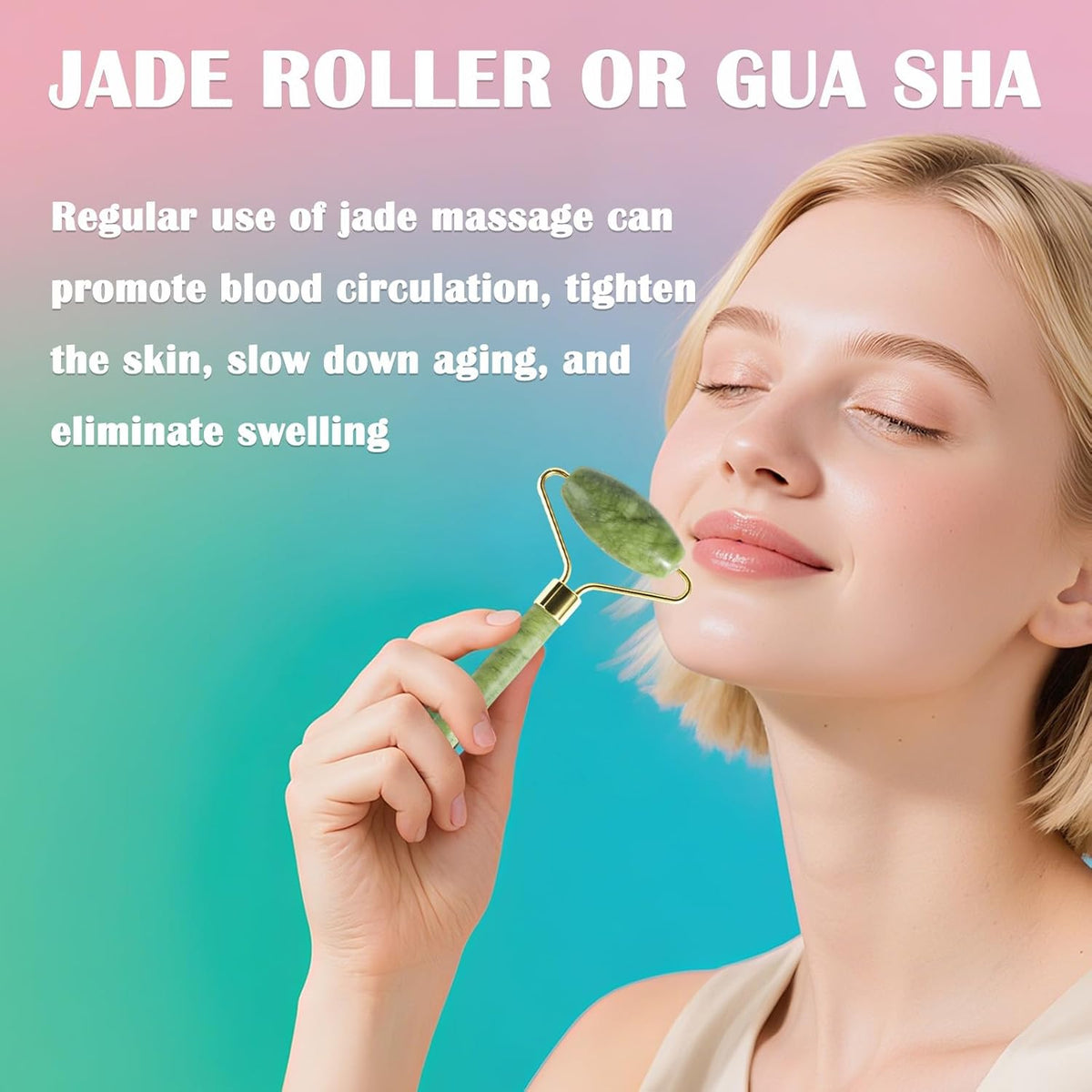 Natural Jade Roller & Gua Sha Set for Face, Facial Massager Tool for Skin Tightening, Anti-Aging