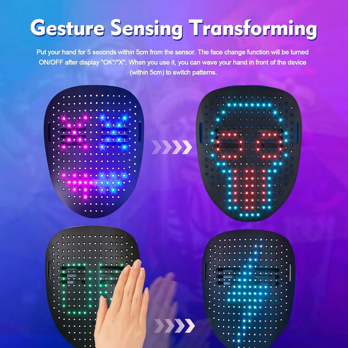 YXYaoZhengYiGeYi LED Mask with Gesture Sensing Transforming for Man/Kids, Unisex Light Up LED Face