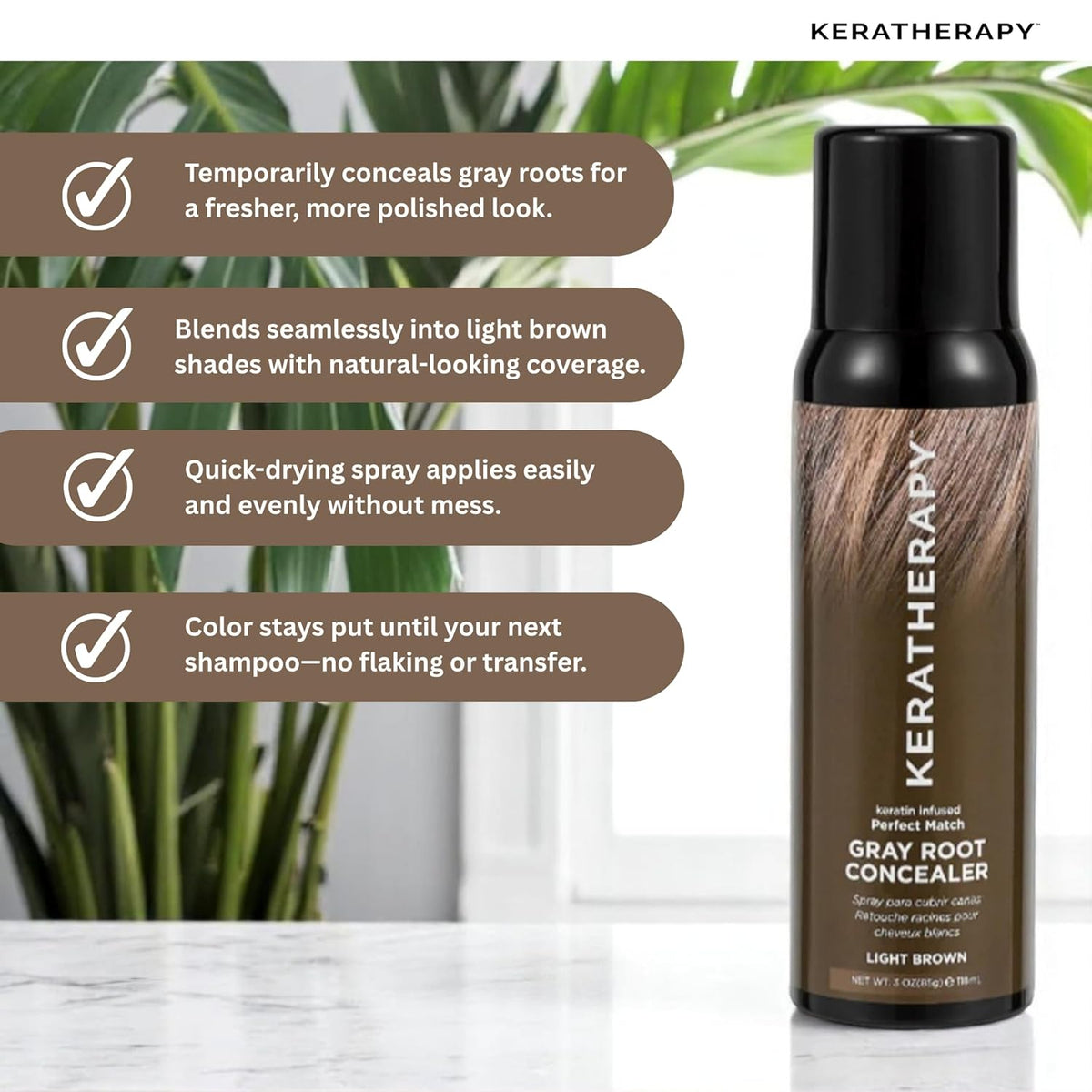 Keratherapy Keratin Infused Perfect Match Gray Root Concealer Spray, Light Brown, 3 oz, 118ml