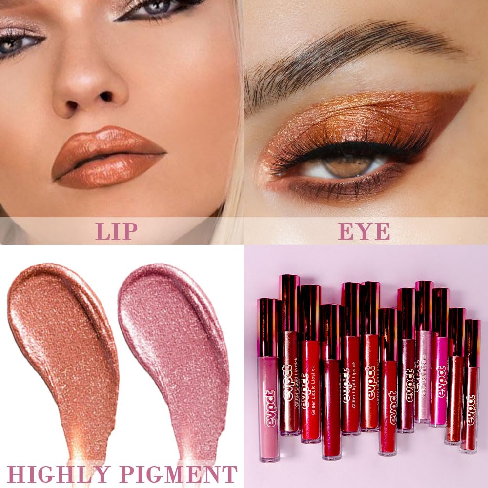 evpct 2Pcs Bronze Gold Nude Gold Matte to Glitter Liquid Lipstick Set for Women Long Lasting Glossy