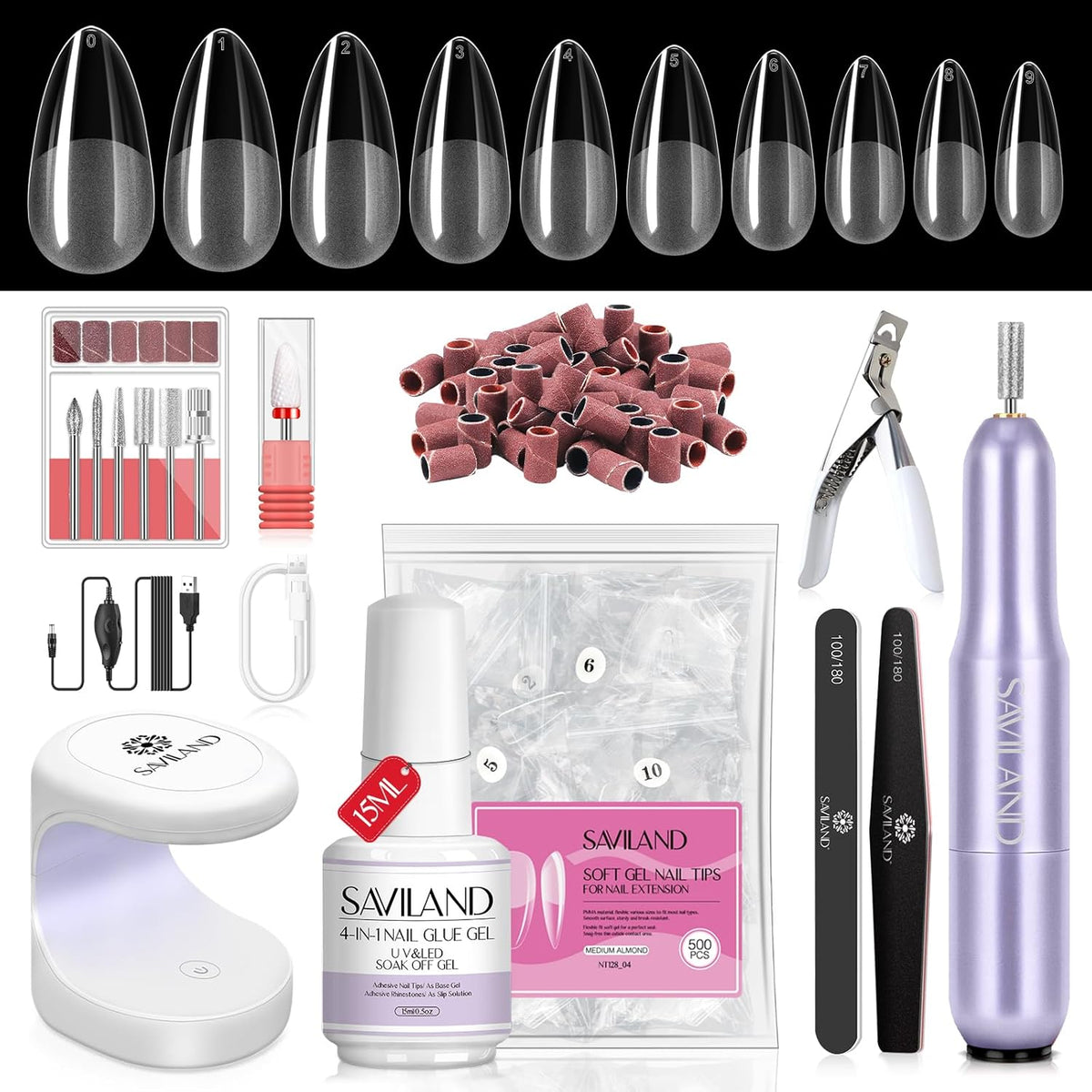 SAVILAND Almond Gel Nail Kit - Nail Drill with U V Lamp for Nails 500PCS Almond Nail Tips Gel Nail