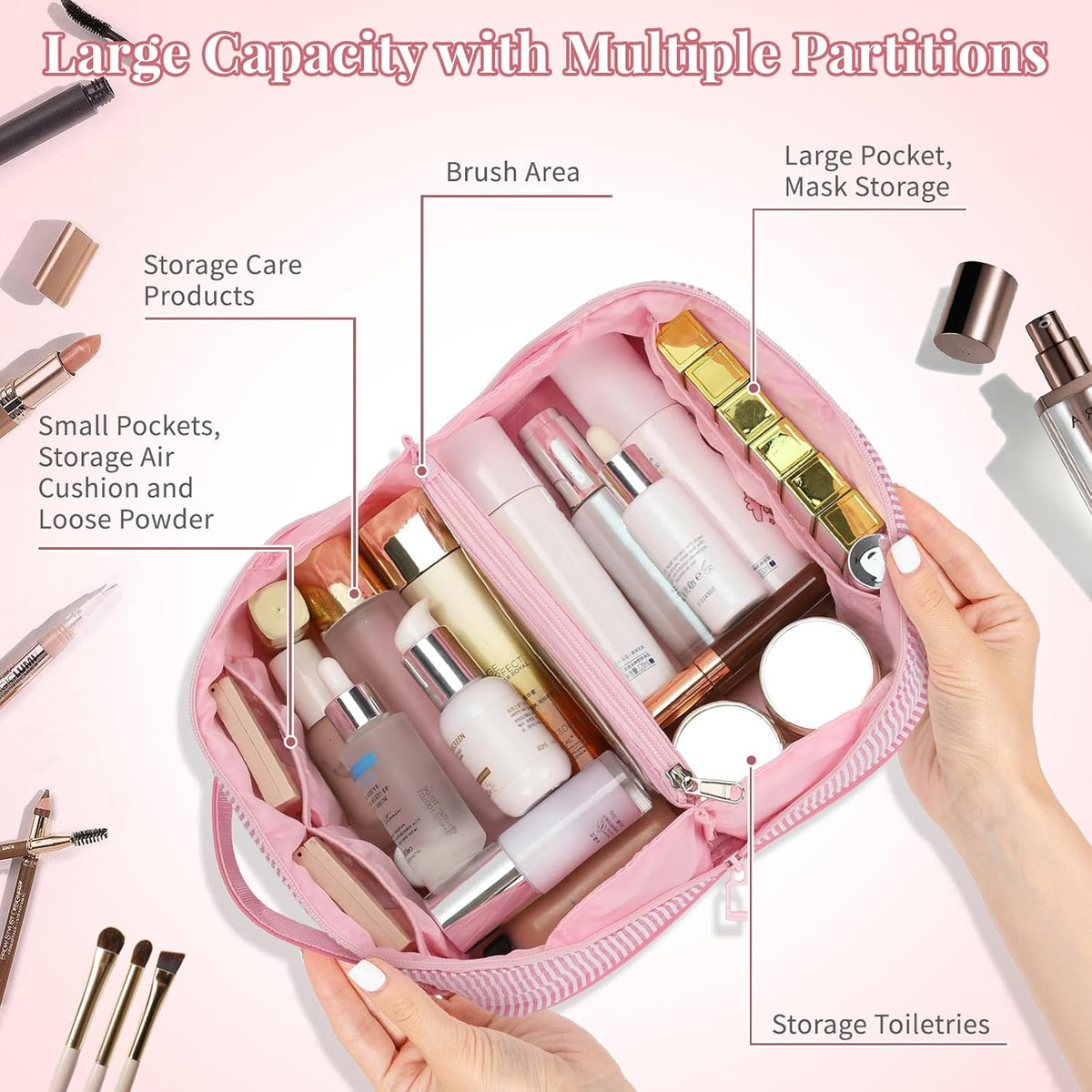 Travel Makeup Bag for Women, 2Pcs Portable Personalized Initial Makeup Organizer Bag, Open Flat
