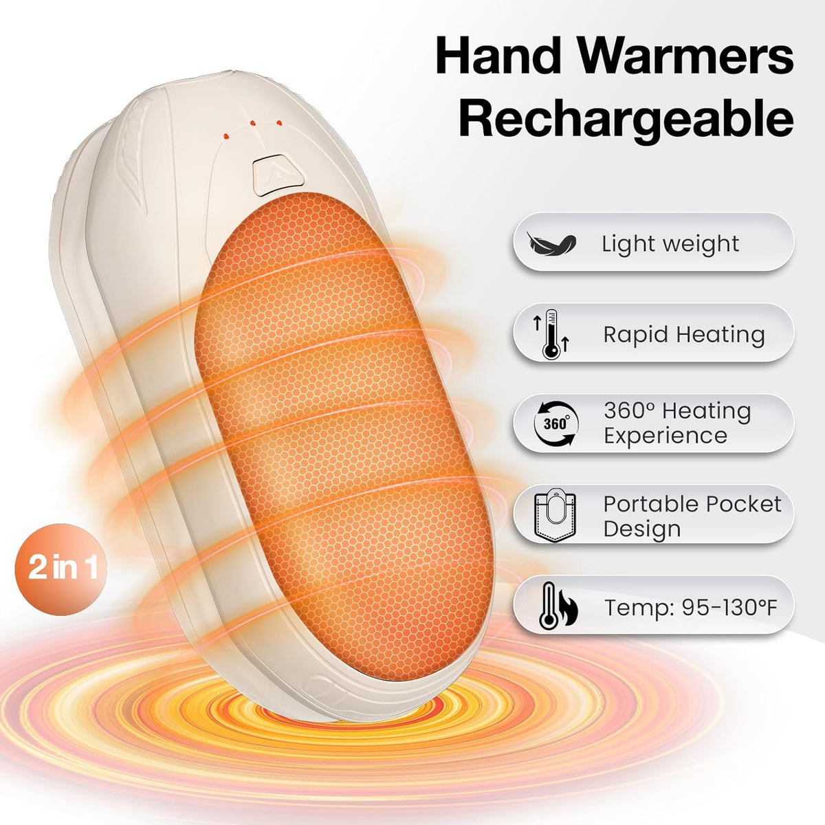 AI Hand Warmers Rechargeable 2 Pack, AI Smart Chips Electric Hand Warmers, 20Hrs Long Safe Heat