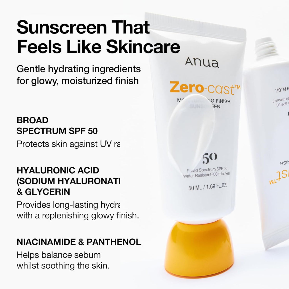 Anua Zero-Cast Moisturizing Finish Sunscreen,SPF 50, Glow Natural Sunscreen,No White cast