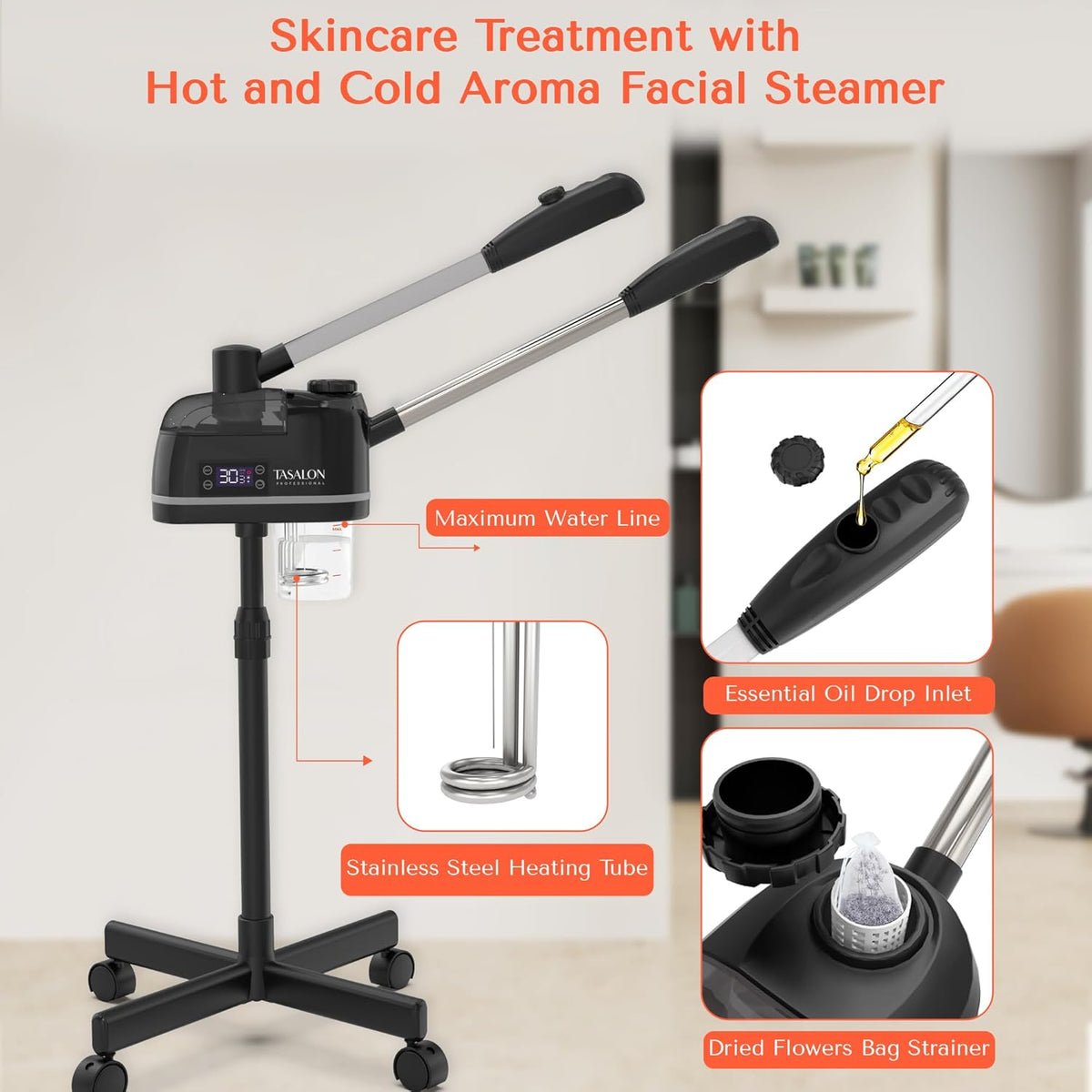 TASALON 2 in 1 Professional Facial Steamer on Wheels -with Ozone and Hot & Cold Mist, Ionic Facial