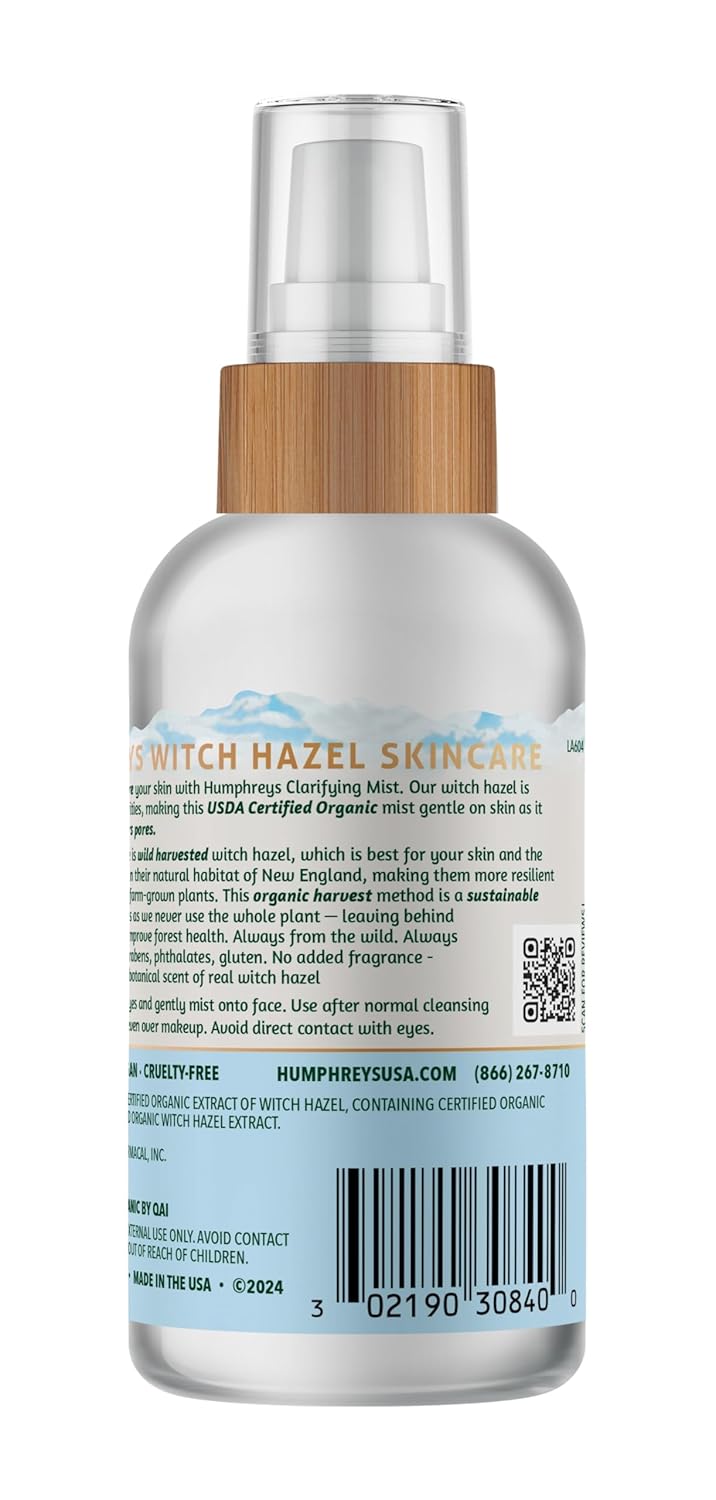 Humphreys Witch Hazel Clarifying Toner Mist Spray | Wild Harvested Witch Hazel | USDA Organic|