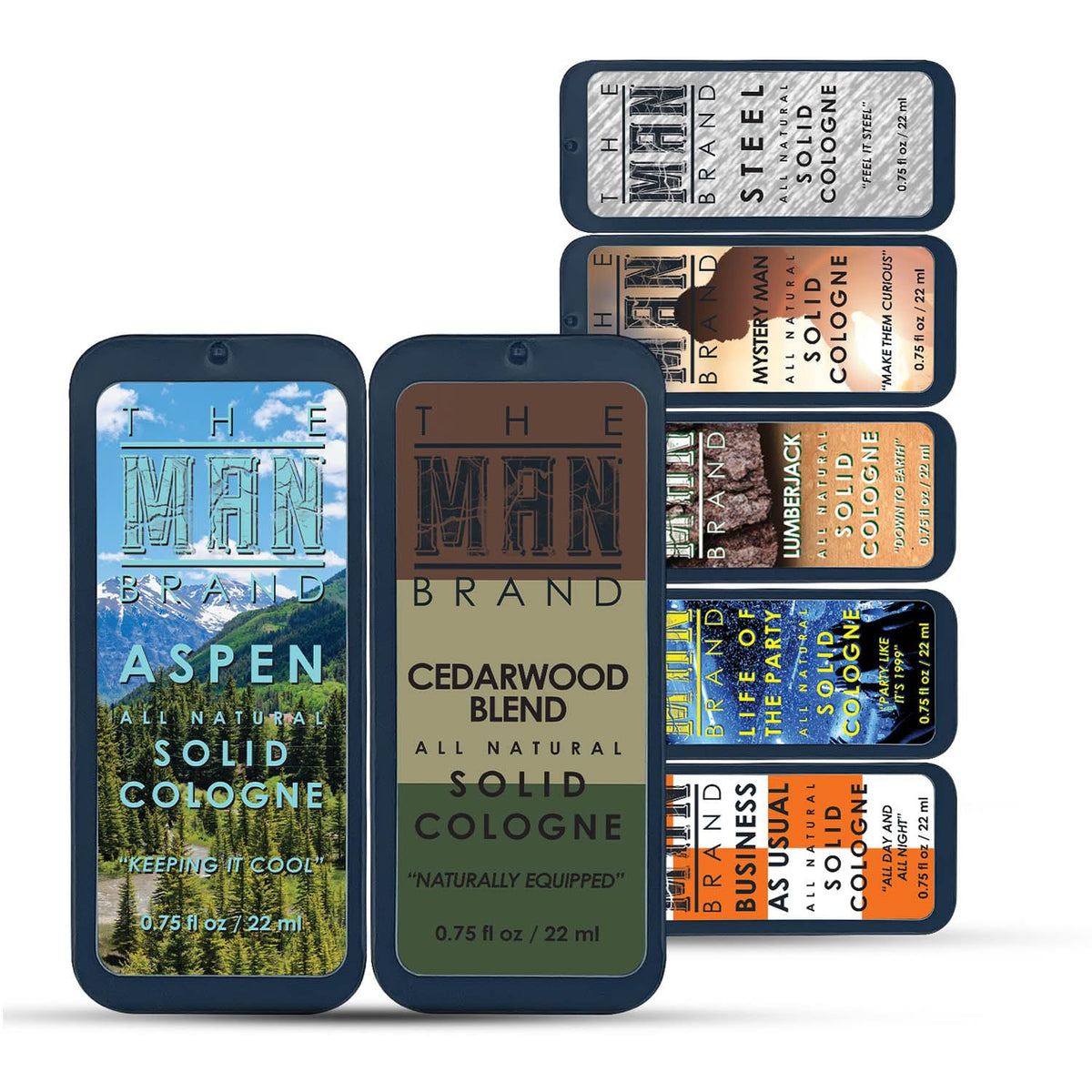 Mens Sample Solid Cologne Pack with Aspen, Lumberjack, Cedarwood Blend, Mystery Man, Life of the