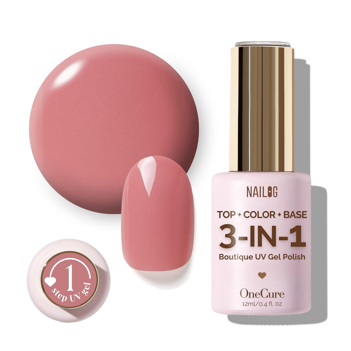NAILOG One Step Nude Pink Gel Nail Polish 12ml Top Coat Color Gel Base 3-In-1 Formula Soak Off UV