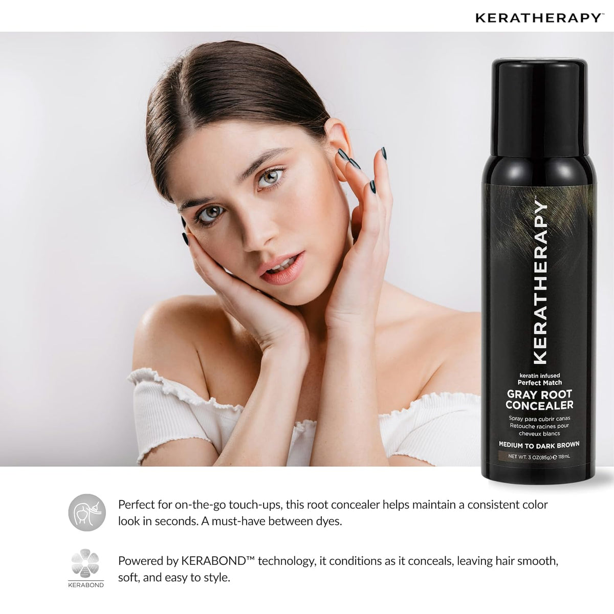 Keratherapy Keratin Infused Perfect Match Gray Root Concealer Spray, Dark Brown, 3 oz, 118 ml