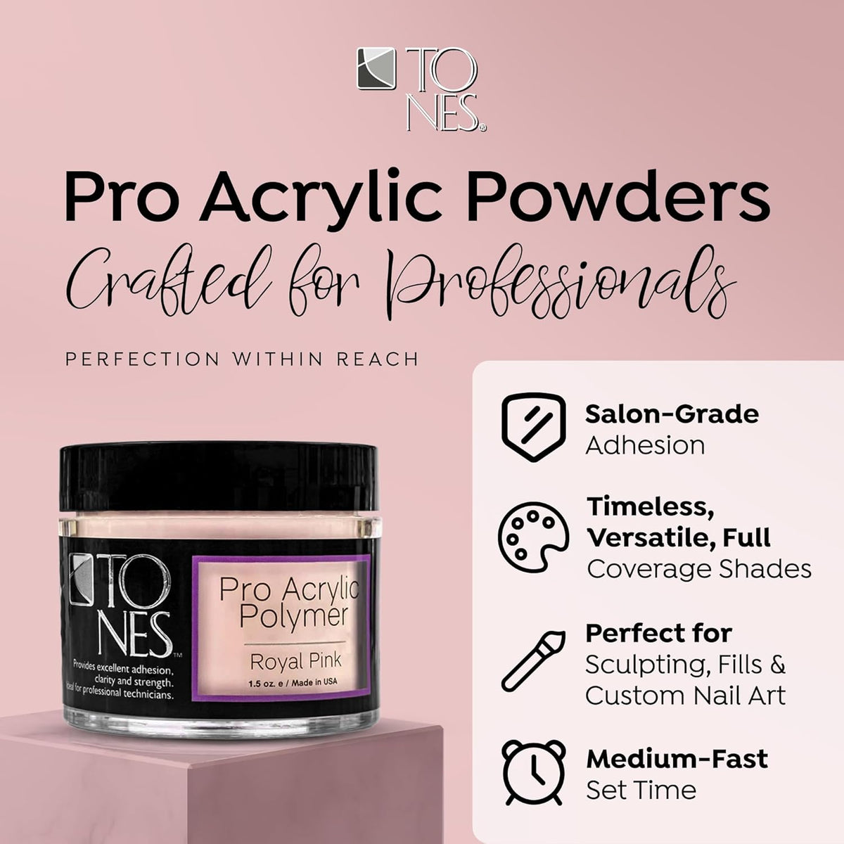 Tones Pro Acrylic Nail Powder, Royal Pink (Soft, Creamy Pastel Pink), (3.5 Fl Oz) - Long-Lasting &