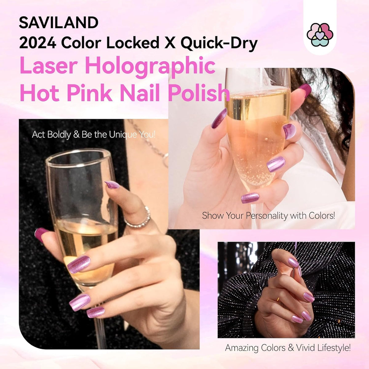 SAVILAND Holographic Nail Polish Pink: Metallic Chrome Nail Polish Air Dry Fast,10 ml/0.34 oz High