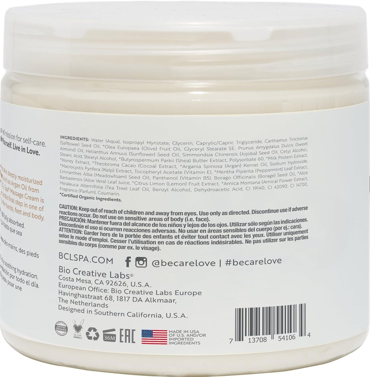 BCL SPA Massage Cream Organic Milk & Honey with White Chocolate Body Lotion, Shea Butter, Aloe