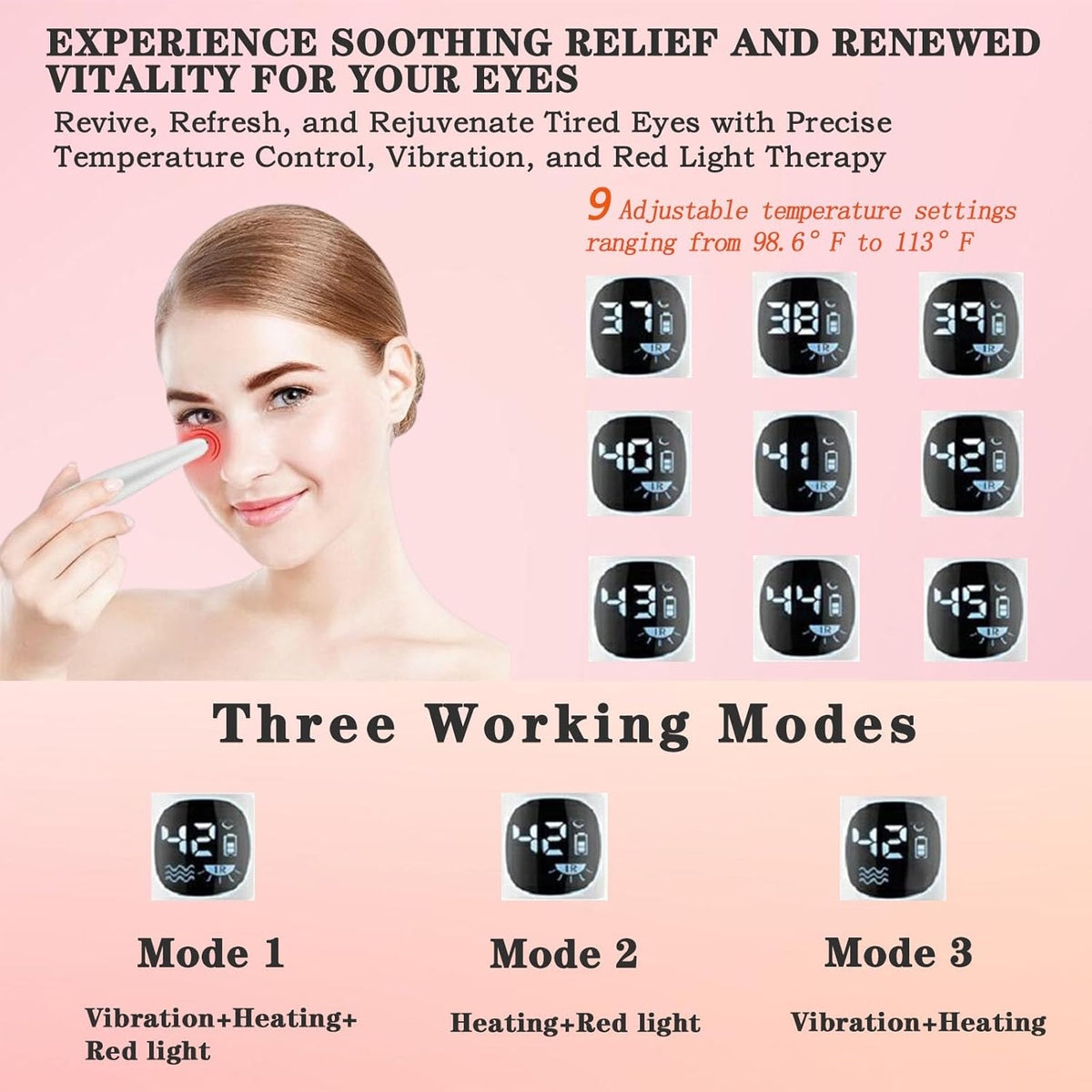 Eye Lift Wand, 3 in 1 Vibrating Red Light 98°F to 113°F LCD Display Eye Massager for Dry Eyes, Dark