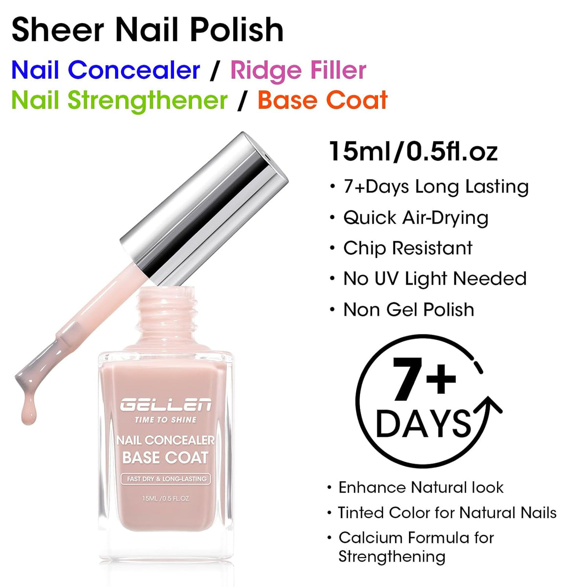 GELLEN 4-In-1 Nude Illuminating Nail Concealer Base Coat Polish Neutral Earth Tones, Sheer Nail