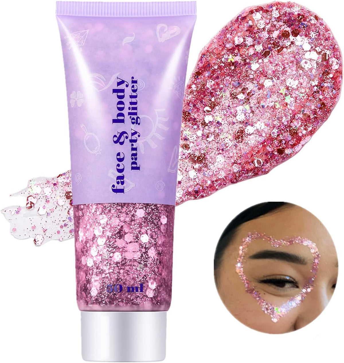 Go Ho Pink Face Body Glitter Gel,Singer Concerts Pink Face Paint Makeup Holographic Chunky Sequins