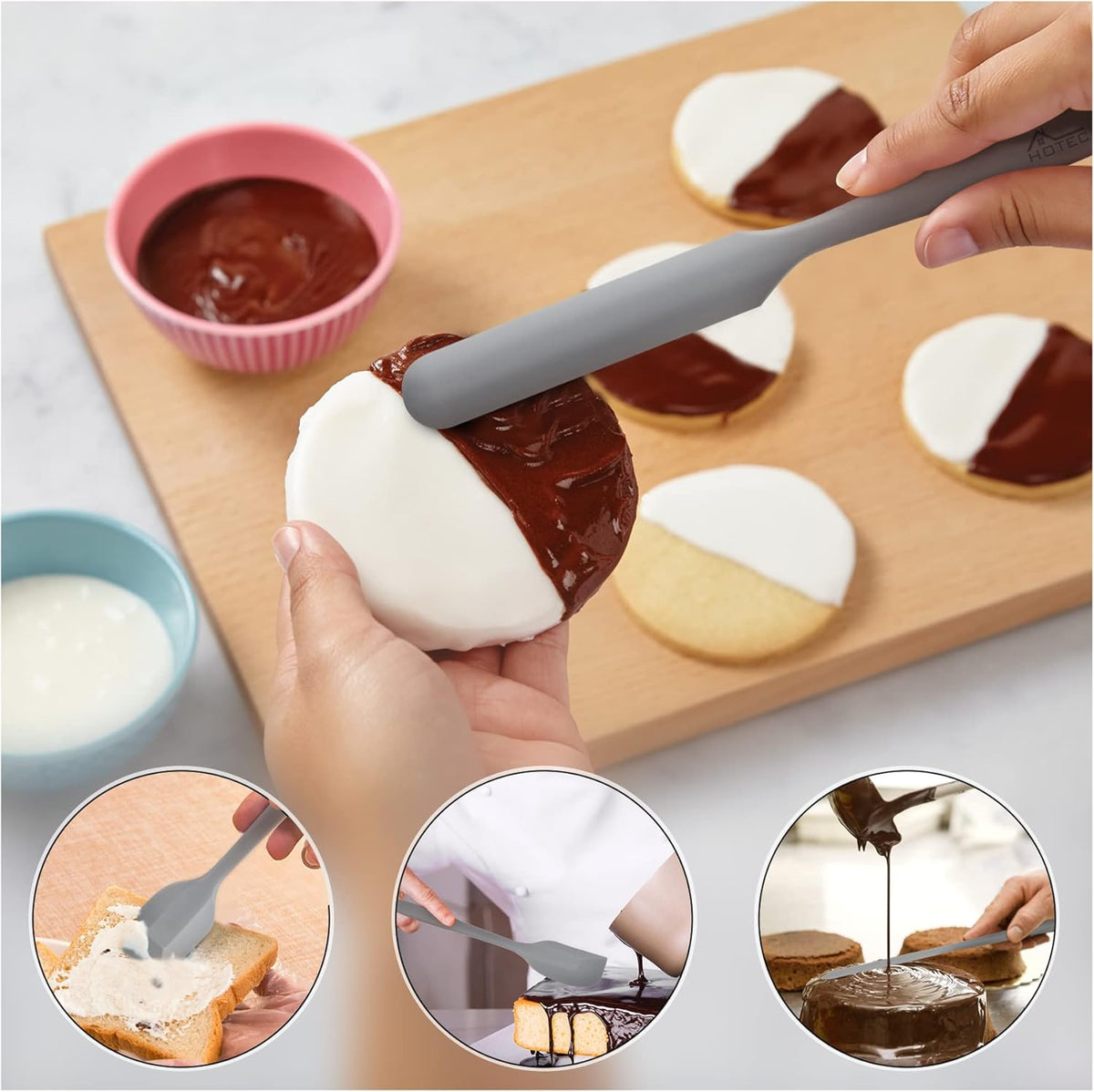 HOTEC 600℉ Heat Resistant BPA-Free Silicone Rubber Spatula Set,Kitchen Cooking Spatulas, Baking
