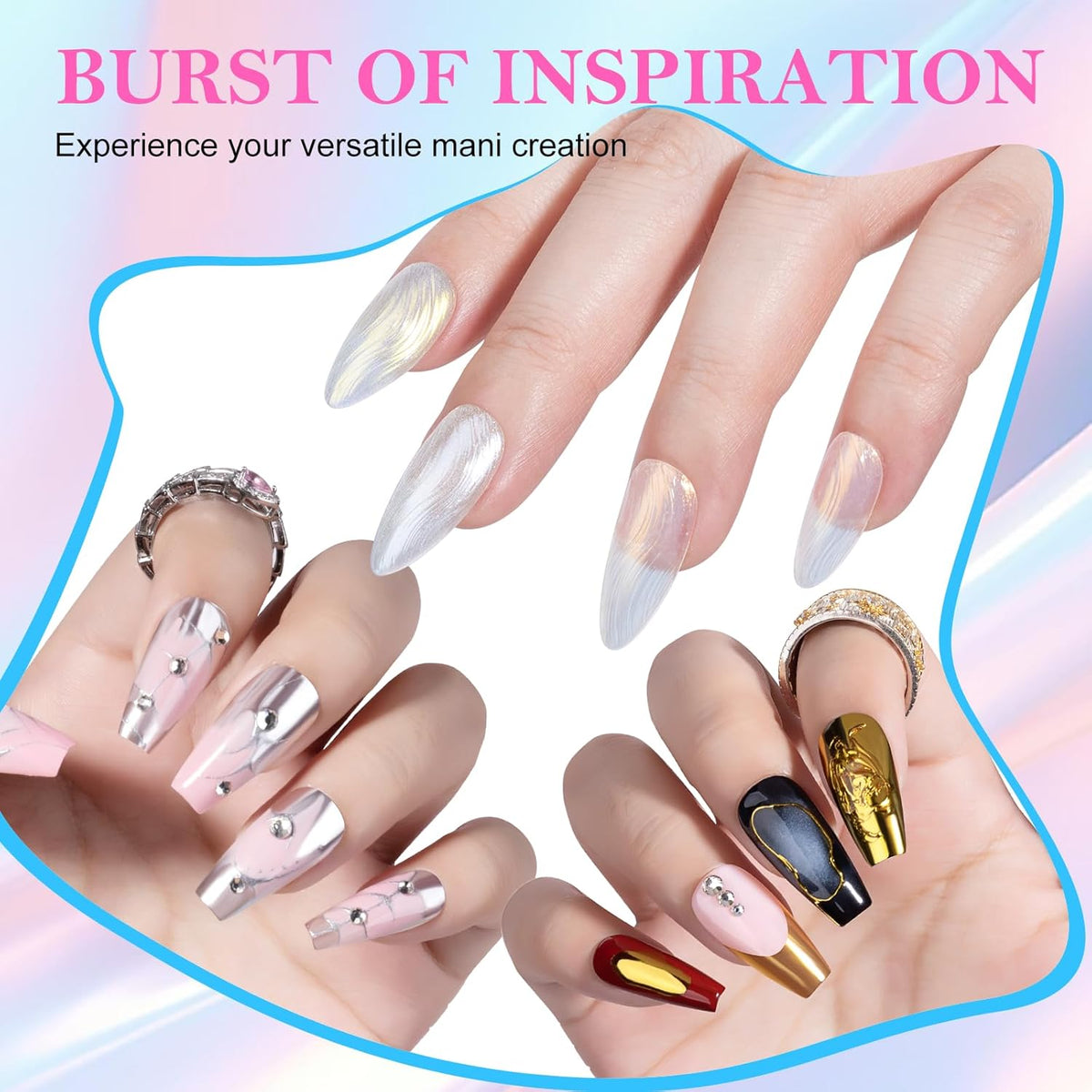 NXJ INFILILA Pearl Chrome Nail Powder Kit, Chrome Pallete for Nails 4 Colors - Gold, Silver