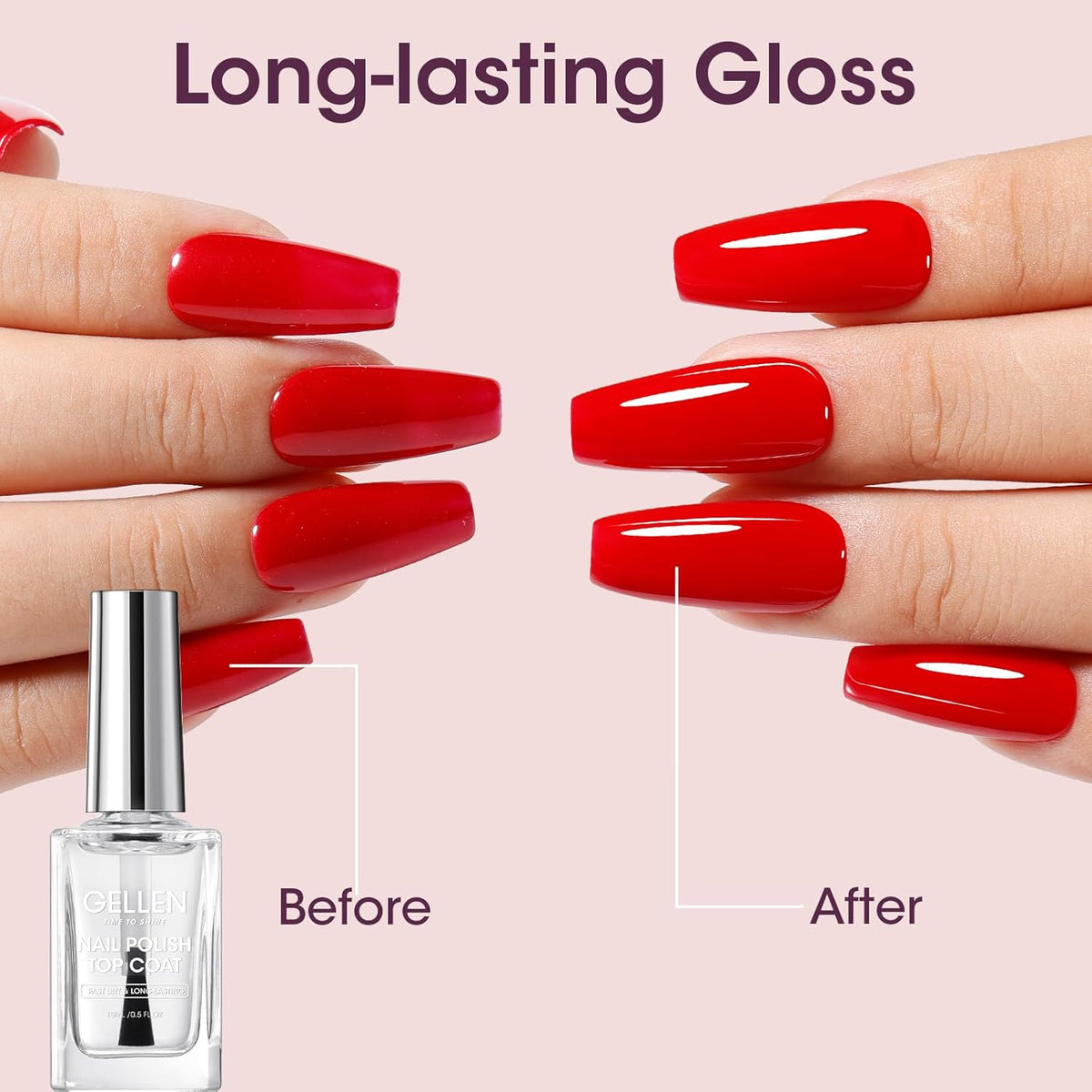 GELLEN Clear Nail Polish Top Coat, Shine Glossy Regular Nail Polish, Calcium Formula Strengthens