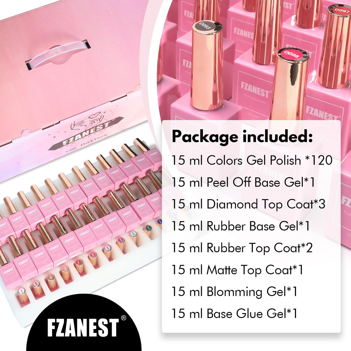 FZANEST 130Pcs 15ml Gel Nail Polish Set With Rubber Base Top Matte Coat 120 Colors Pink Nude Red