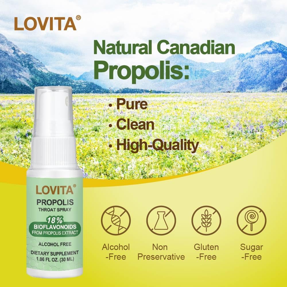 Lovita Bee Propolis Throat Spray, 18% Bioflavonoids, Alcohol-Free, Immune Support, Throat Soothing