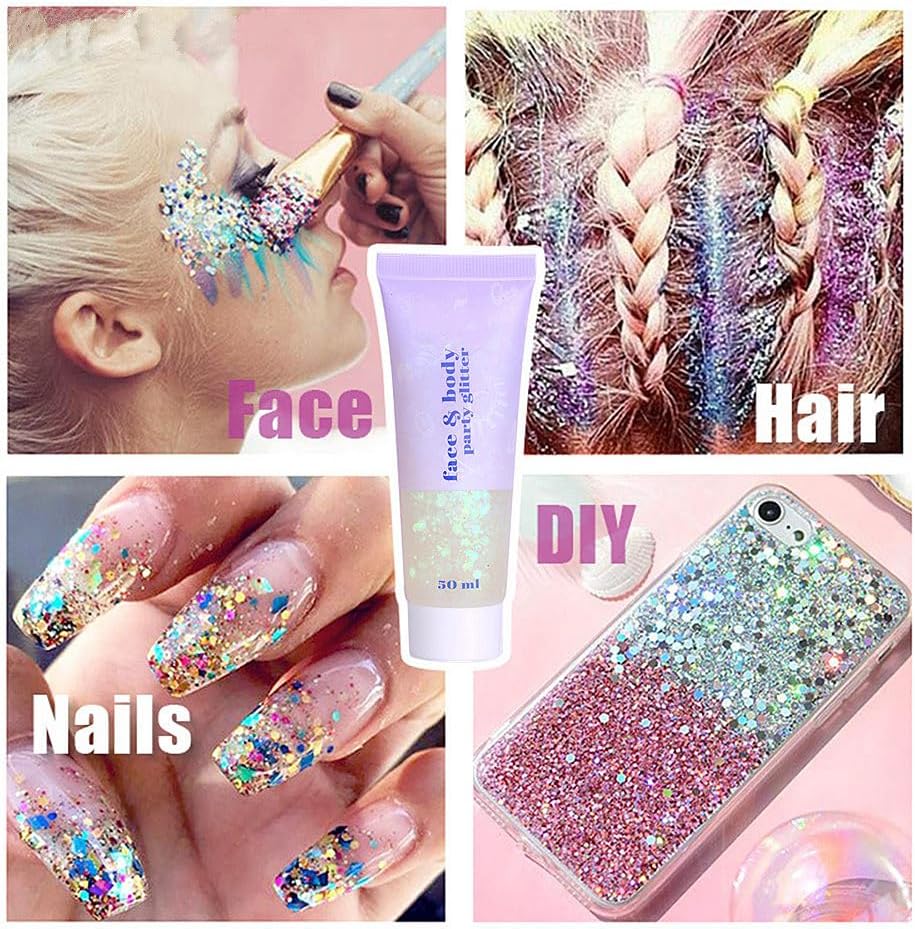 Go Ho 2PCS White Face Body Glitter Gel,Singer Concerts Face Glitter Makeup,Holographic Long Lasting