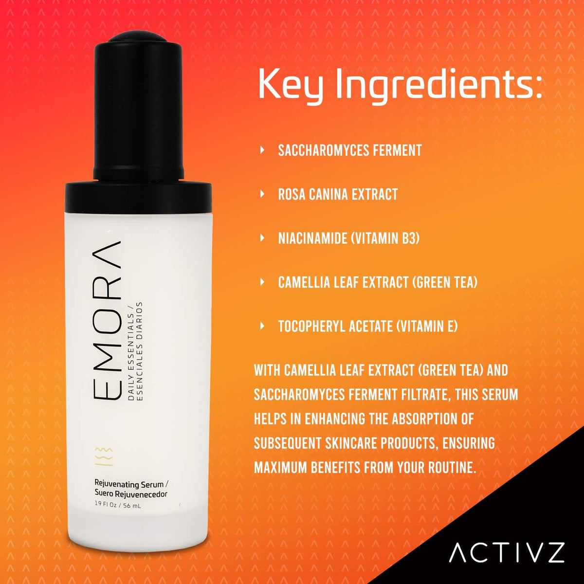 ACTIVZ Emora Rejuvenating Serum - Nourishes, Tones, Renews Skin with Saccharomyces Ferment, Rosa