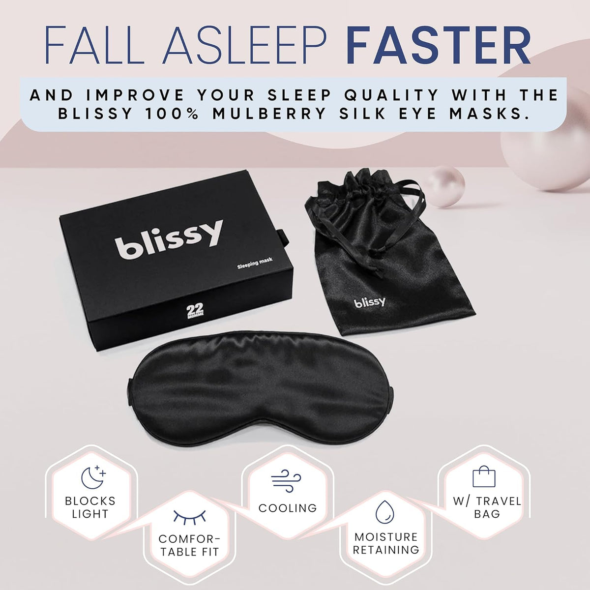 Blissy Silk Sleep Mask - Silk Eye Sleeping Mask for Women & Men for Total Blackout - Silk Eye Mask