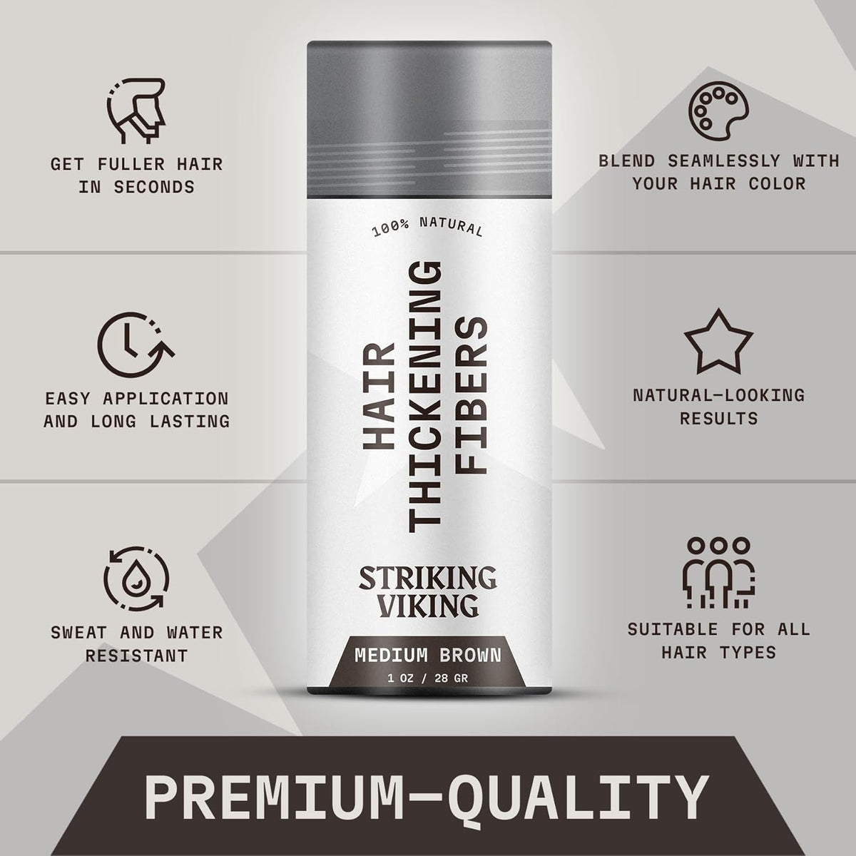 Striking Viking Hair Fibers for Thinning Hair - 28 g, Medium Brown - Bald Spot Cover Up &