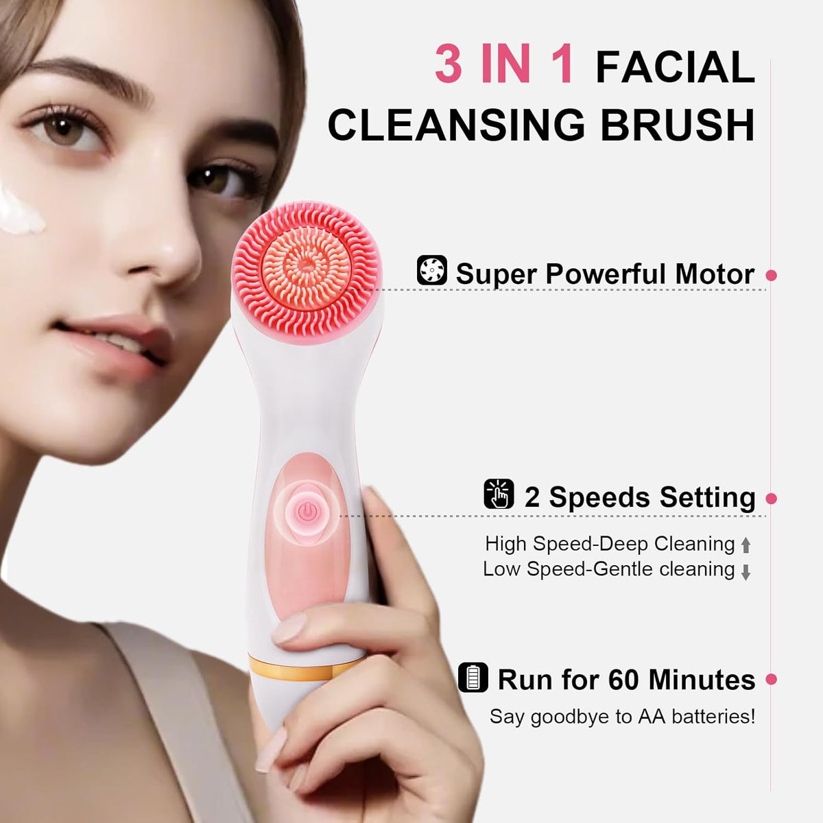 Facial Cleansing Brush, 3 in 1 Electric Face Scrubber with 3 Brush Heads for Women/Men, Waterproof