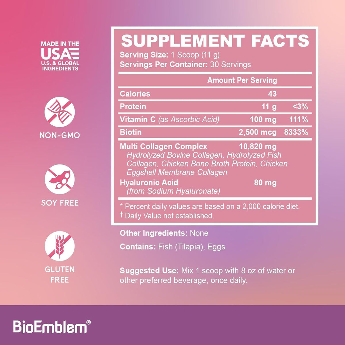 BioEmblem Beauty Collagen - 11G Hydrolyzed Multi-Collagen Peptides, Hyaluronic Acid, Vitamin C &