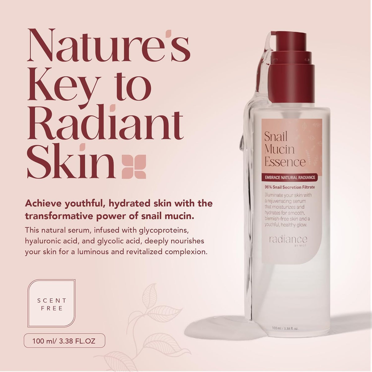 Radiance Snail Mucin Serum with Advanced Snail 96% Mucin Power Essence, Korean Skin Care with