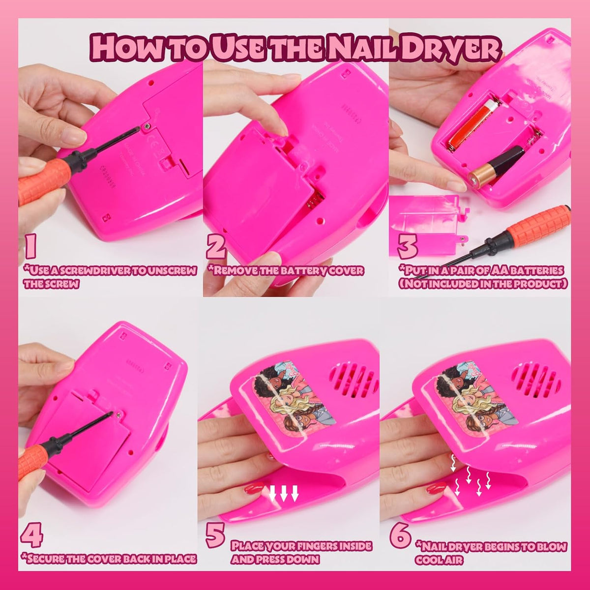 Townley Girl Barbie 8 Piece Nail Polish Set with Nail Dryer for Kids, Peel-Off Water-Based, Safe
